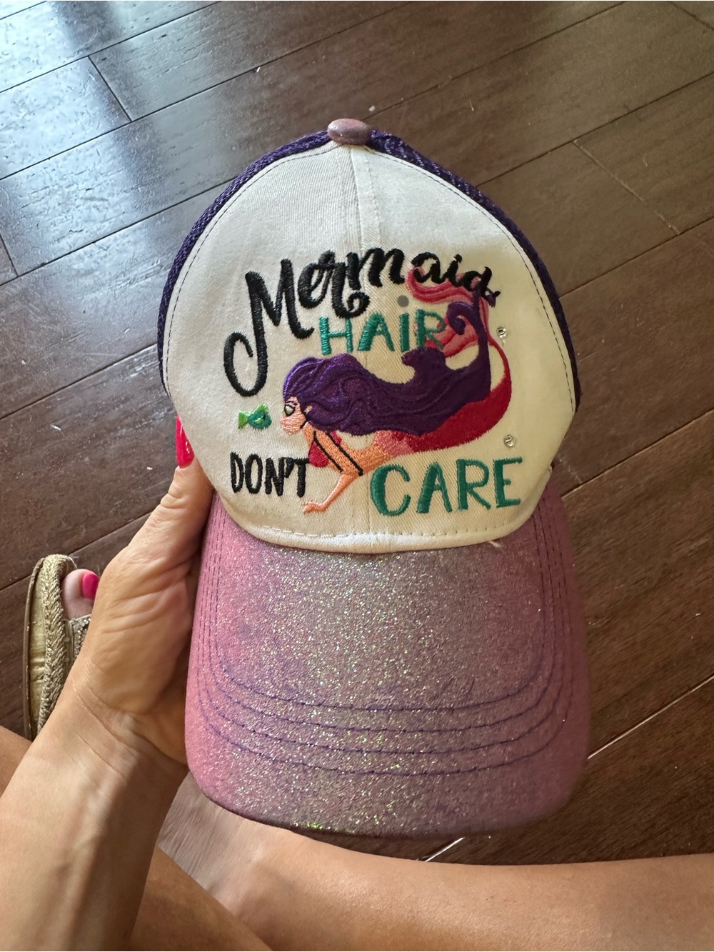 Girls Pink and Purple 'Mermaid Hair Don't Care' Glitter Baseball Cap